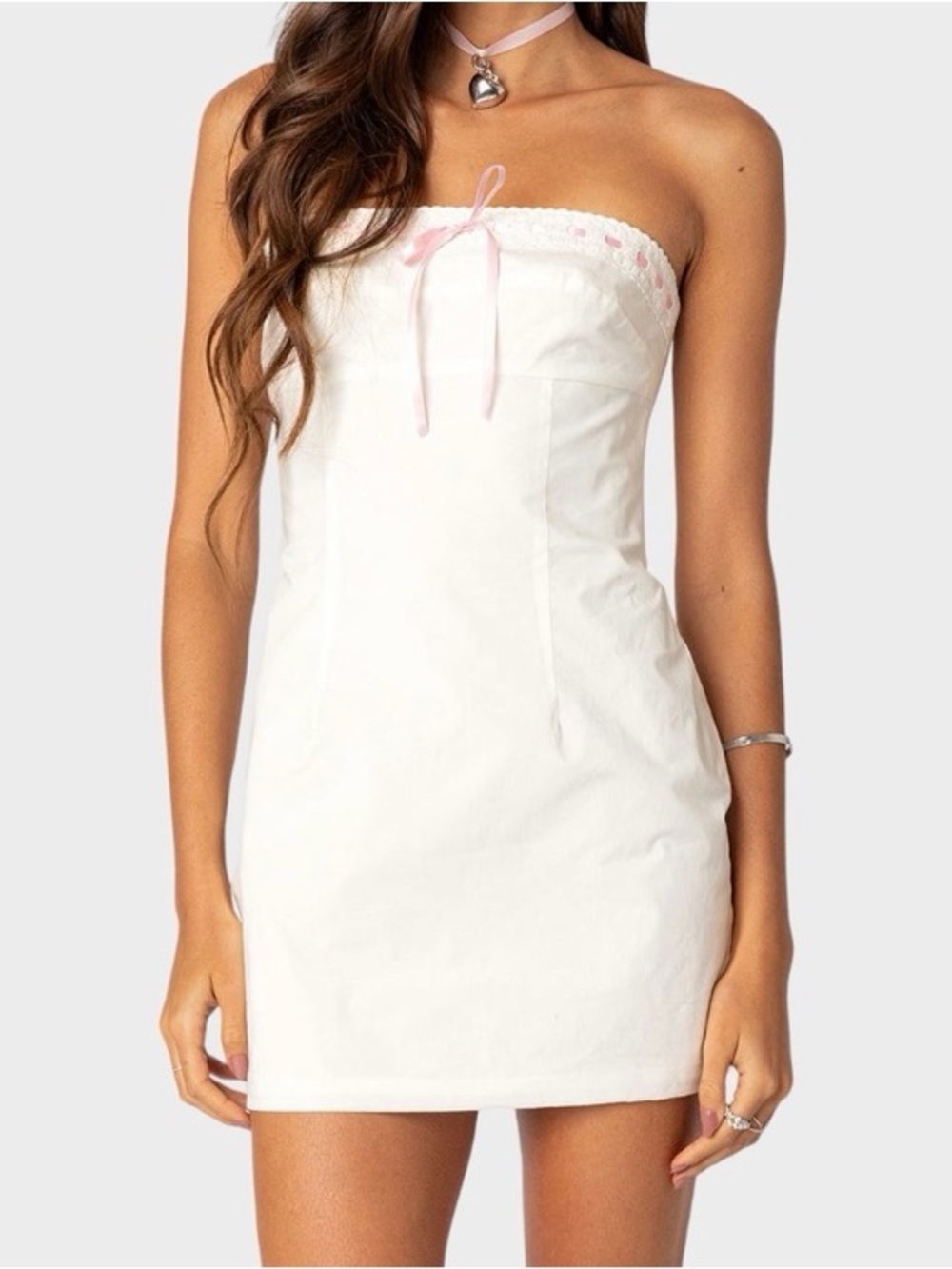 Edikted White & Pink Lace Ribbon Strapless Mini Dres
